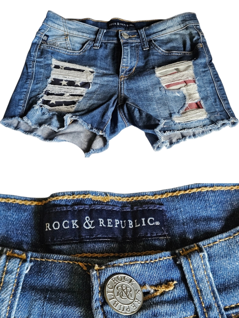 🐕🎸Rock & Republic HULA 4 Stars Stripes Blue Distressed Denim Cutoff Shorts EPC